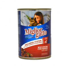 Οικονομική κονσέρβα γάτας με μοσχάρι σε κομματάκια-  Miglior Gatto Chunks Beef 405g