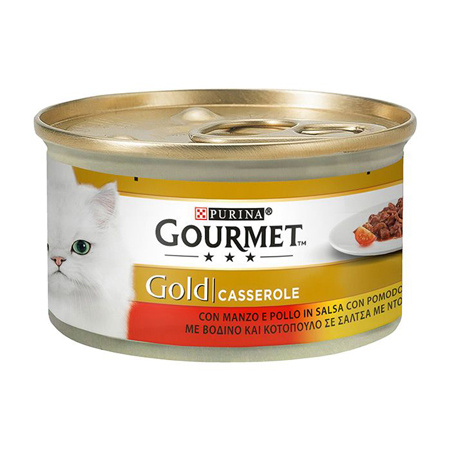 Κονσέρβα γάτας με διπλή απόλαυση σε διάφορες γεύσεις - Gourmet Gold Casserole 85g Βοδινό-Κοτόπουλο σε σάλτσα ντομάτας