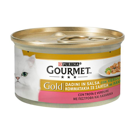 Κονσέρβα γάτας με κομματάκια σε σάλτσα σε διάφορες γεύσεις - Gourmet Gold 85g Πέστροφα-Λαχανικά