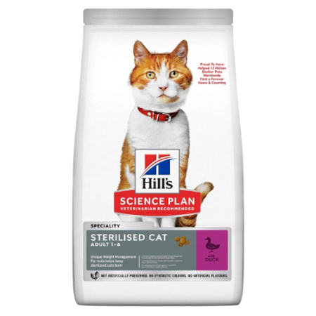 Ξηρά τροφή για νεαρές ενήλικες γάτες 1-6 ετών σε δύο γεύσεις - Hill's Sterilised Cat Adult 1.5kg Πάπια