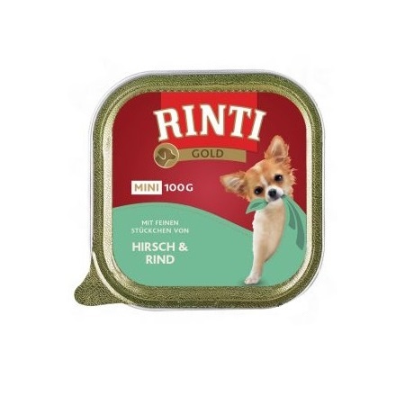 Υγρή τροφή σε δισκάκι για μικρόσωμους σκύλους με βοδινό και ελάφι - Rinti Gold Mini Hirsch&Rind 100g