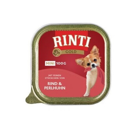 Υγρή τροφή σε δισκάκι για μικρόσωμους σκύλους με βοδινό και φραγκόκοτα - Rinti Gold Mini Rind&PerlHuhn 100g