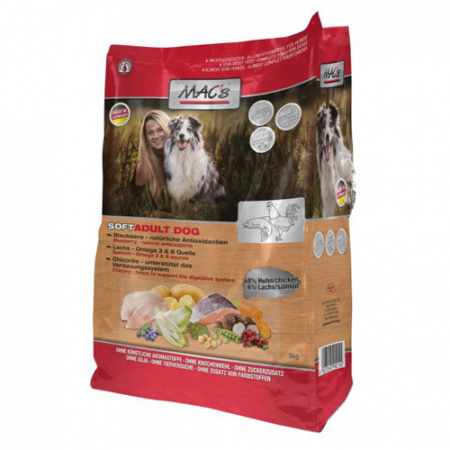 Μαλακή ξηρά τροφή για σκύλους με κοτόπουλο και σολομό χωρίς σιτηρά - Mac's Adult Chicken & Salmon 5kg 