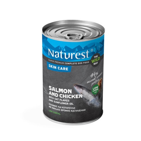 Πλήρης τροφή σε κονσέρβα για σκύλους με δερματικά προβλήματα με κοτόπουλο και σολομό - Naturest Adult Skin Care Salmon 400g