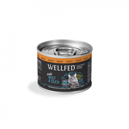 Κονσέρβα για ενήλικες γάτες με βοδινό και πάπια χωρίς σιτηρά - Wellfed Adult Beef & Duck 200g