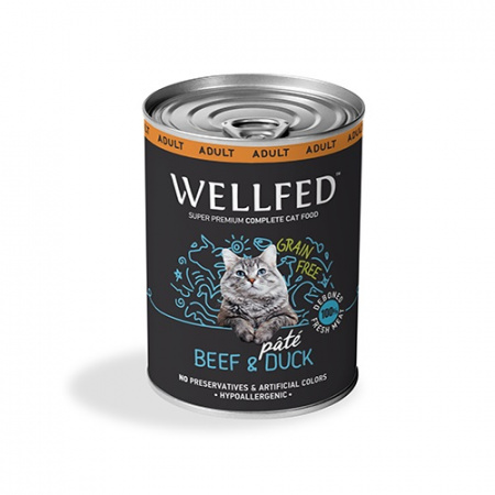 Κονσέρβα για ενήλικες γάτες με βοδινό και πάπια χωρίς σιτηρά - Wellfed Adult Beef & Duck 400g
