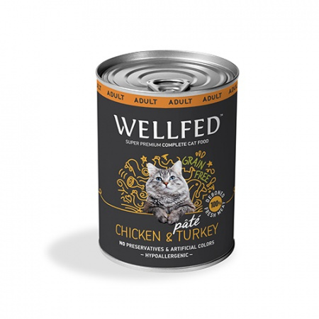 Κονσέρβα για ενήλικες γάτες με κοτόπουλο και γαλοπούλα χωρίς σιτηρά - Wellfed Adult Chicken & Turkey 400g
