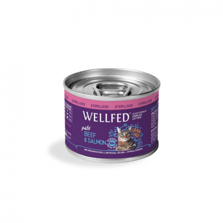 Κονσέρβα για στειρωμένες γάτες χωρίς σιτηρά με μοσχάρι και σολομό - Wellfed Sterilised Beef & Salmon 200g