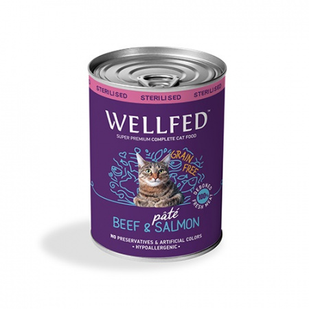 Κονσέρβα για στειρωμένες γάτες χωρίς σιτηρά με μοσχάρι και σολομό - Wellfed Sterilised Beef & Salmon 400g