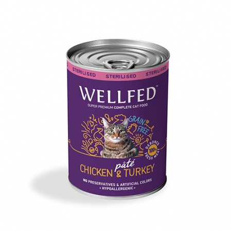 Κονσέρβα για στειρωμένες γάτες χωρίς σιτηρά με κοτόπουλο και γαλοπούλα - Wellfed Sterilised Chicken & Turkey 400g