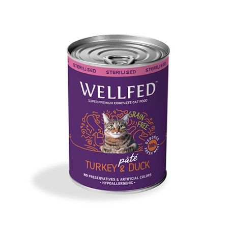 Κονσέρβα για στειρωμένες γάτες χωρίς σιτηρά με γαλοπούλα και πάπια - Wellfed Sterilised Turkey & Duck 400g