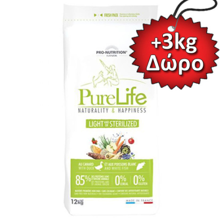 Πλήρης και ισορροπημένη ξηρά τροφή για σκύλους με τάση παχυσαρκίας ή/και στειρωμένους - Pure Life Light&Sterilsed 12kg+3kg